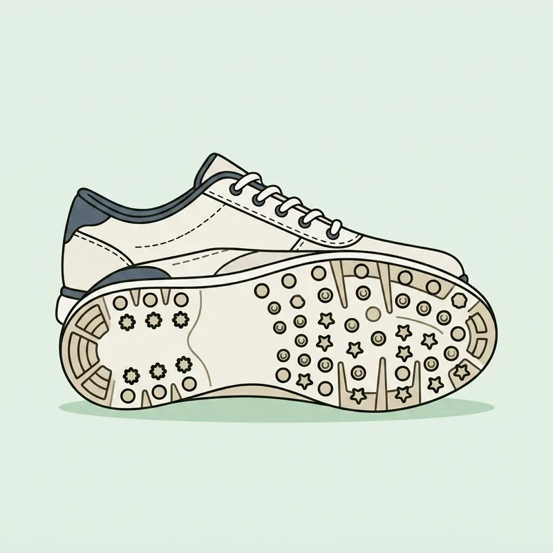 A single golf shoe lying on its side with the studded sole facing the viewer
