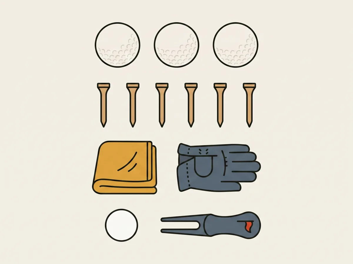 Golf bag contents laid out in a neat grid, including balls, tees, a glove, a towel and a marker