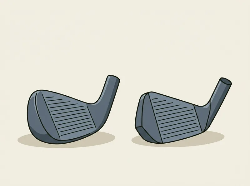 Illustration of an older golf iron head and a newer golf iron head positioned facing each other