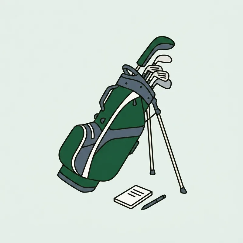 A golf bag with several club heads visible above the rim, standing on a plain floor beside a small notepad