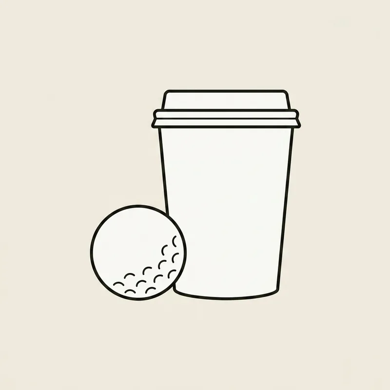 A takeaway cup with a lid standing beside a single golf ball